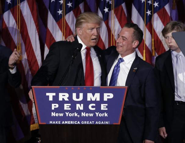 U.S. President-elect Donald Trump and Chairman of the Republican National Committee Reince Priebus address supporters during his election night rally in Manhattan New York U.S