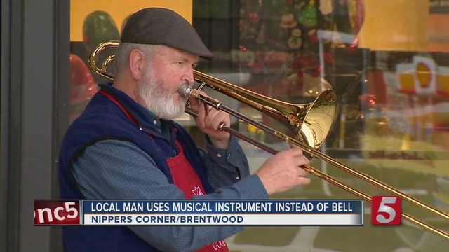 A Salvation Army volunteer bell ringer brought Christmas cheer to grocery shoppers by playing trombone rather than ringing a bell. WTVF