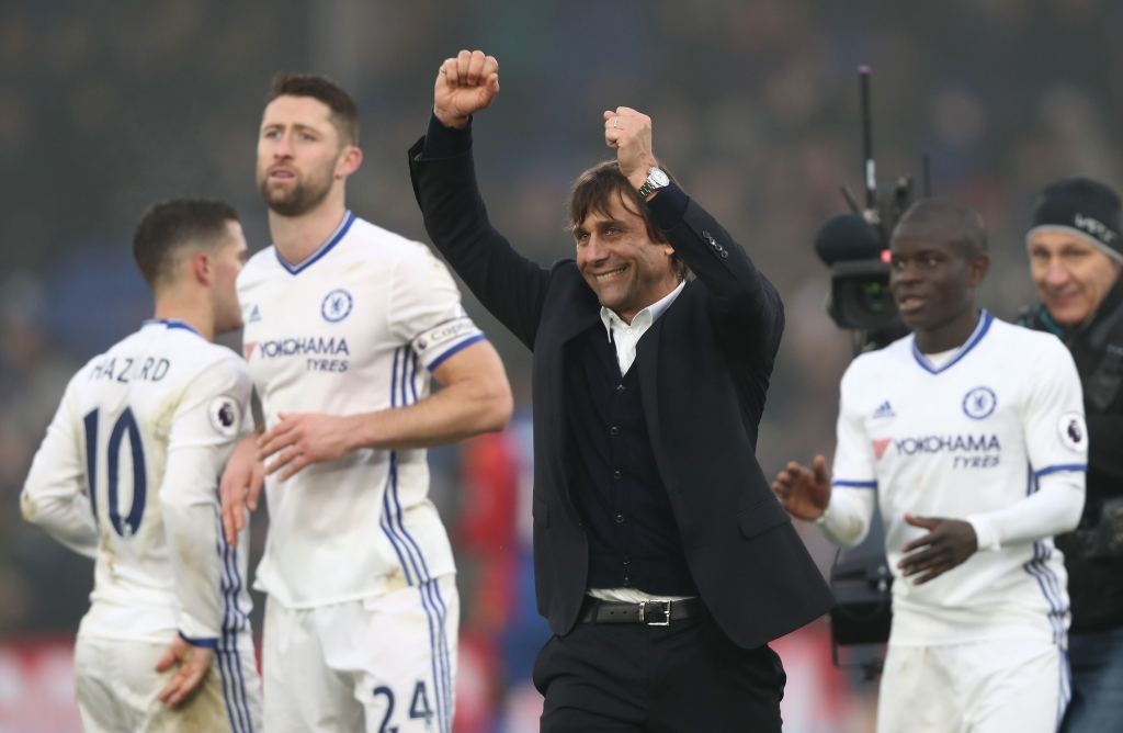 LONDON ENGLAND- DECEMBER 17 Antonio Conte Manager of Chelsea celebrates his sides win after the game during the Premier League match between Crystal Palace and Chelsea at Selhurst Park