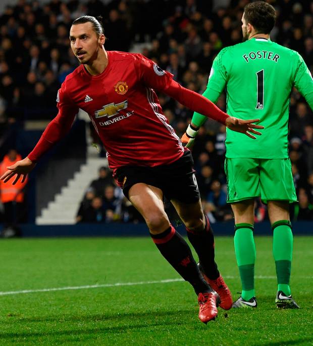 Double delight Manchester United’s Zlatan Ibrahimovic after scoring the first of his double against West Brom