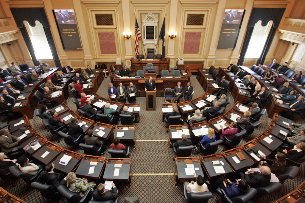 Virginia Gov. Timothy M. Kaine at podium address the Virginia Electoral College in the House of Delegates chambers at the Capitol in Richmond Va. Monday Dec. 15 2008