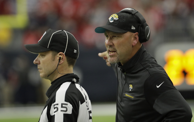 Jacksonville Jaguars head coach Gus Bradley right reacts during the first half of an NFL football game against the Houston Texans Sunday Dec. 18 2016