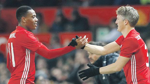 Back from the cold... Bastian Schweinsteiger replaces Anthony Martial during the League Cup game against West Ham United