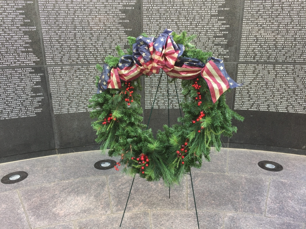 This wreath was placed at the War Memorial in Charleston in honor of those who died at Pearl Harbor