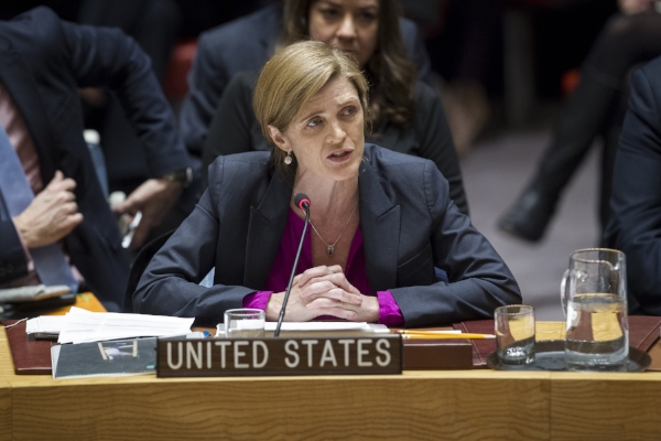 Samantha Power U.S. ambassador to the United Nations addresses the U.N. Security Council after it voted on Dec. 23 to condemn Israel's settlements in the West Bank and east Jerusalem