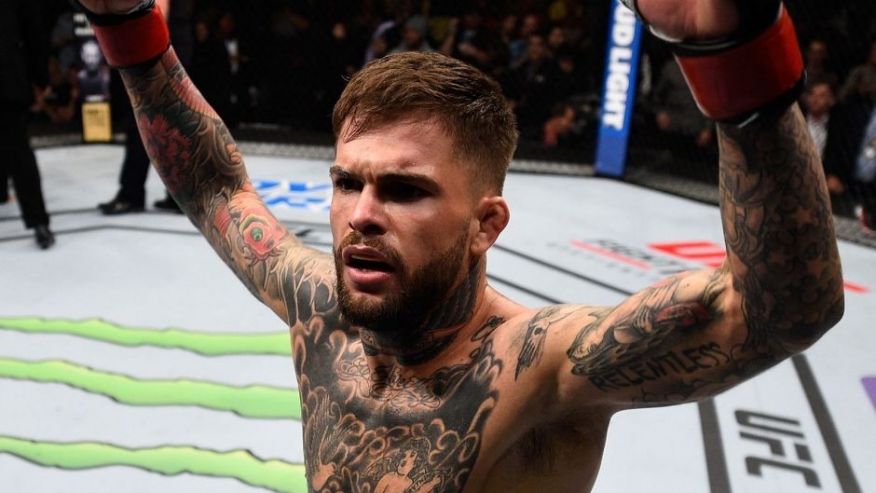 PITTSBURGH PA- FEBRUARY 21 Cody Garbrandt celebrates his knockout victory over Augusto Mendes in their bantamweight bout during the UFC Fight Night event at Consol Energy Center