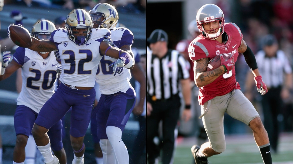 Washington Huskies safety Budda Baker and Washington State Cougars wide receiver Gabe Marks