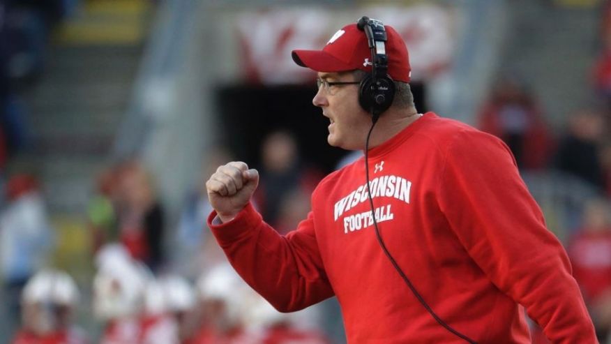 Wisconsin head coach Paul Chryst reacts after a touchdown during the first half of an NCAA college football game against Illinois on Saturday Nov. 12 2016 in Madison Wis