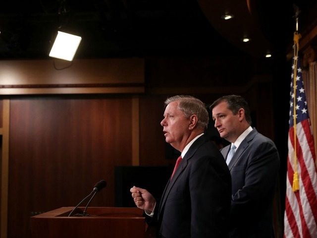 Sen. Ted Cruz  and Sen. Lindsey Graham hold a news conference about military assistance to Israel at the U.S. Capitol