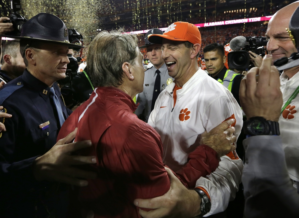 Dabo Swinney congratulates Nick Saban after Alabama defeated Clemson in last year’s national title