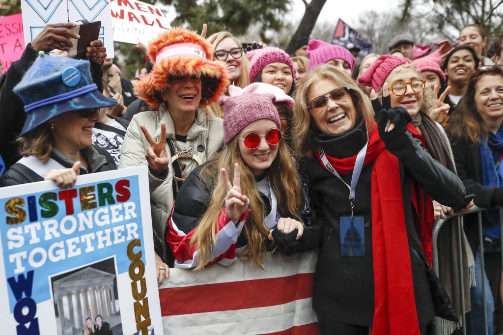 Gloria Steinem greets protesters at the barricades before speaking at the Women's March