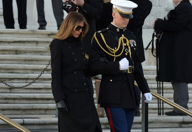 Melania Trump takes part in a wreath-laying ceremony at Arlington National Cemetery in Arlington Virginia