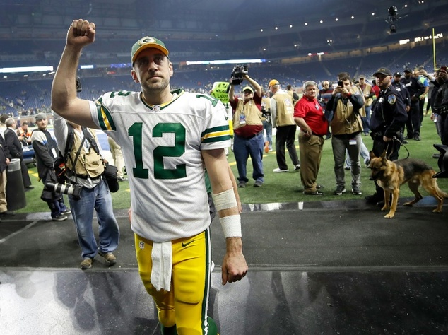 Quarterback Aaron Rodgers of the Green Bay Packers leaves the field after defeating the Detroit Lions 31-24 at Ford Field in Detroit Michigan on January 1