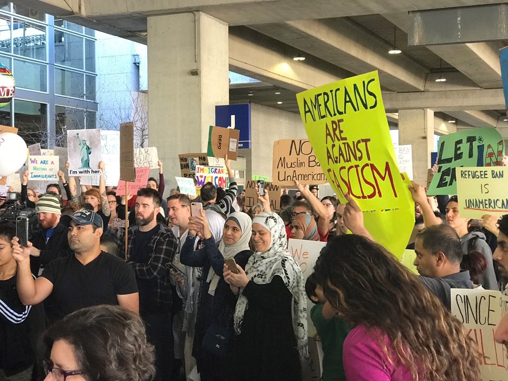 People at Austin Bergstrom International Airport on Jan. 29 2017 protesting President Donald Trump's immigration plan