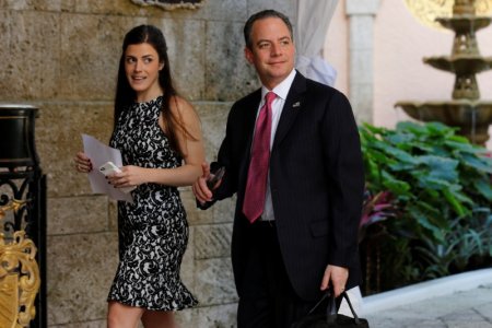 Reince Priebus, chief of staff to U.S. President-elect Donald Trump walks with a staff member as he arrives to attend meetings with Trump at the Mar-a-lago Club in Palm Beach Florida