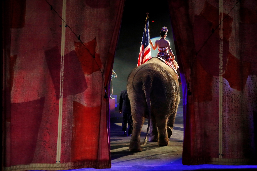 One of Ringling Bros and Barnum & Bailey Circus performing elephants enters the arena for it's final show in Wilkes-Barre Pennsylvania U.S