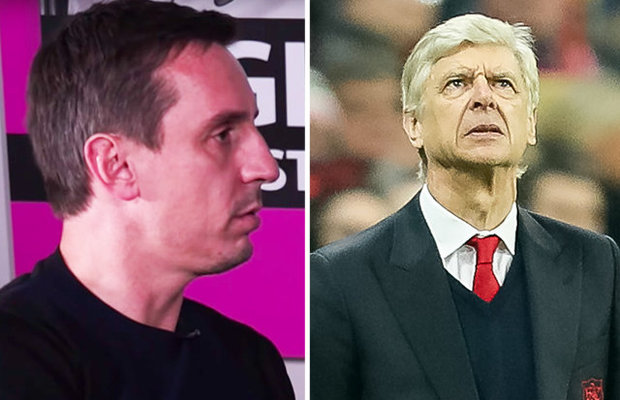 ARSENAL FAN TV  GETTY    
   Gary Neville called an Arsenal fan an idiot for holding a banner against Arsene Wenger