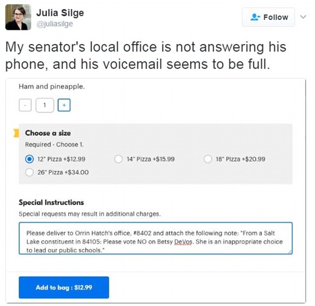 Creative Julia Silge from Utah wanted to ask her senator not to confirm Betsy DeVos but had to resort to ordering him a pizza to get her message through