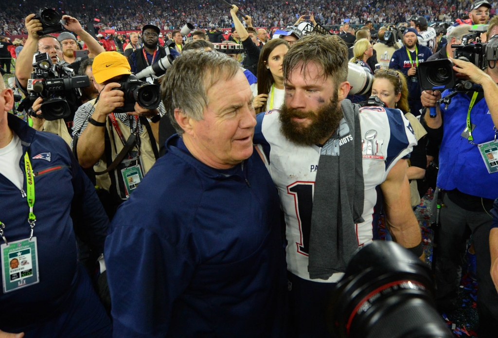 Feb 5 2017 Houston TX USA New England Patriots head coach Bill Belichick celebrates with wide receiver Julian Edelman after defeating the Atlanta Falcons 34-28 in overtime during Super Bowl LI at NRG Stadium. Mandatory Credit Robert Deutsch-USA