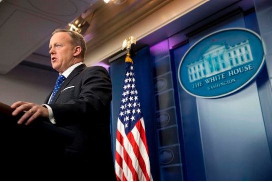 White House press secretary Sean Spicer speaks during the daily press briefing at the White House in Washington. The Trump administration could revise or withdraw an Obama-era directive requiring public schools to let