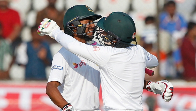 Mehedi Hasan is congratulated by Mushfiqur Rahim after reaching his maiden Test fifty