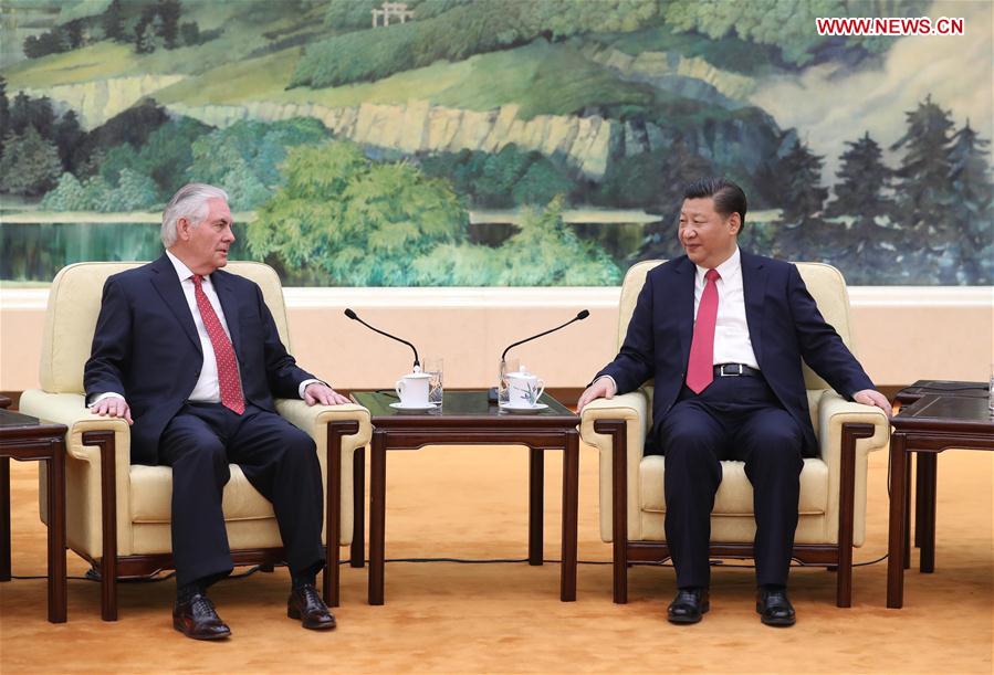 Chinese President Xi Jinping meets with U.S. Secretary of State Rex Tillerson at the Great Hall of the People in Beijing capital of China