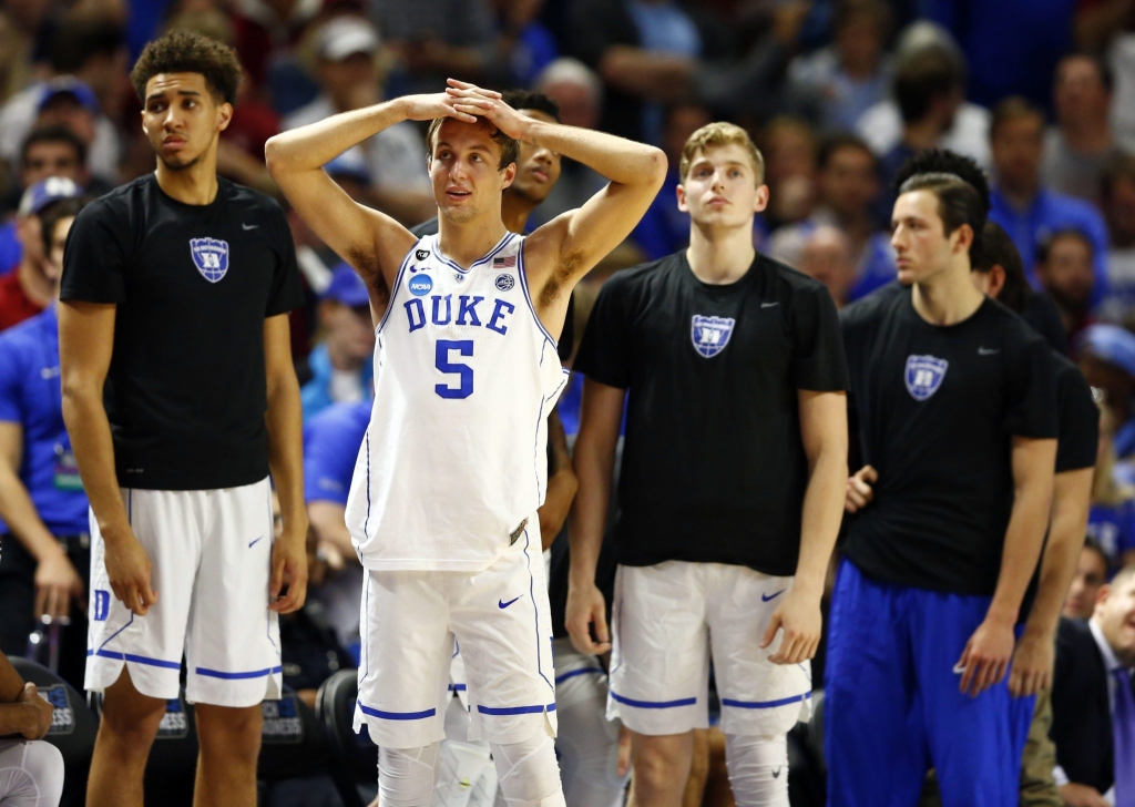 Mar 19 2017 Greenville SC USA Duke Blue Devils guard Luke Kennard reacts on the bench during the second half against the South Carolina Gamecocks in the second round of the 2017 NCAA Tournament at Bon Secours Wellness Arena. Mandatory Credit Jer