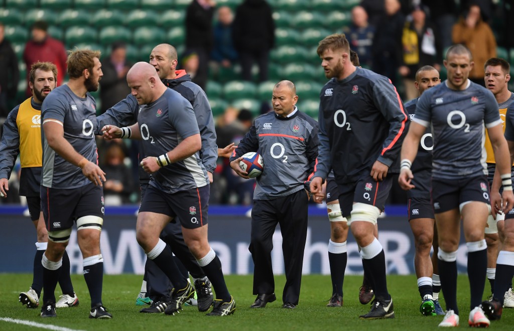 LONDON ENGLAND- DECEMBER 03 Eddie Jones the England head coach watches over his team's warm up prior to kickoff during the Old Mutual Wealth Series match between England and Australia at Twickenham Stadium