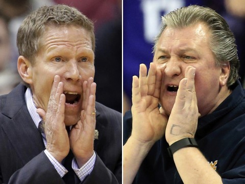 Gonzaga Coach Mark Few left and West Virginia’s Bob Huggins