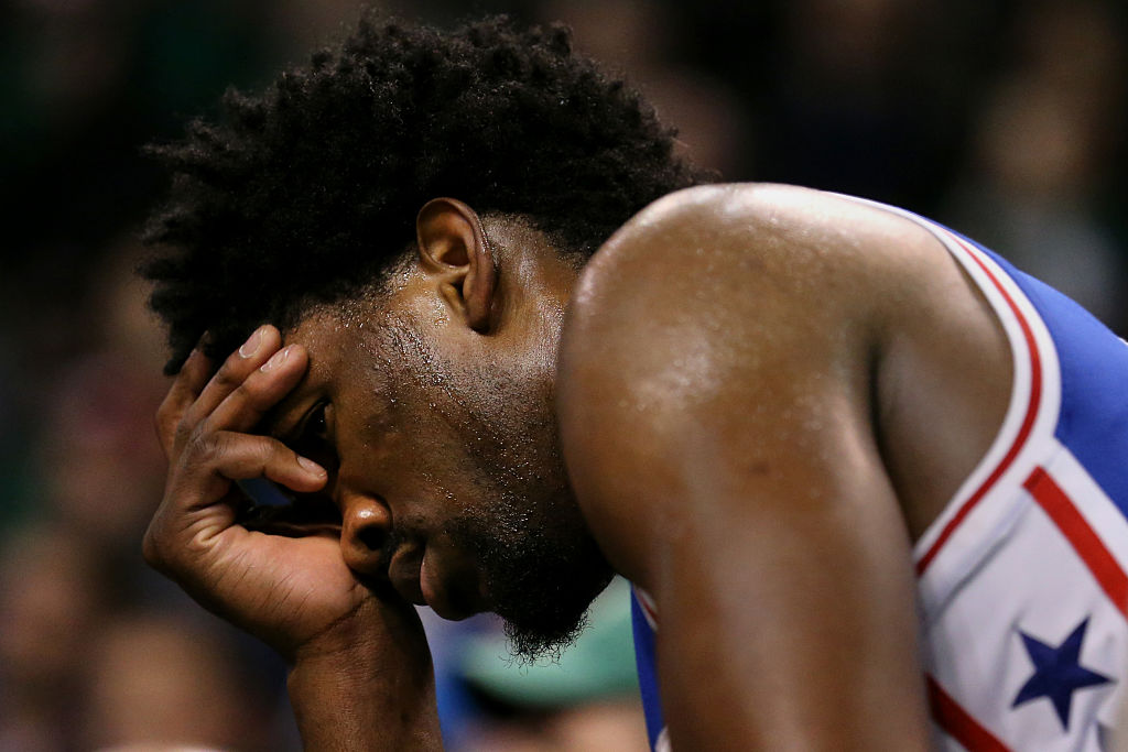 BOSTON MA- JANUARY 6 Joel Embiid #21 of the Philadelphia 76ers reacts after fouling out of the game against the Boston Celtics in the fourth quarter at TD Garden