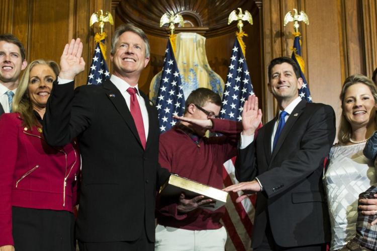 Kansas Rep. Roger Marshall during a mock swearing in ceremony on Capitol Hill with House Speaker Paul Ryan