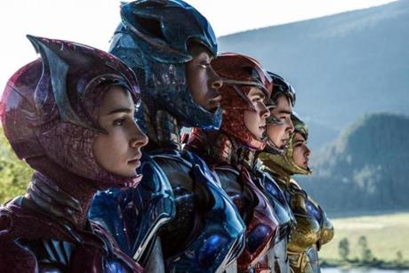 From left Naomi Scott RJ Cyler Dacre Montgomery Ludi Lin and Becky G in “Power Rangers.”