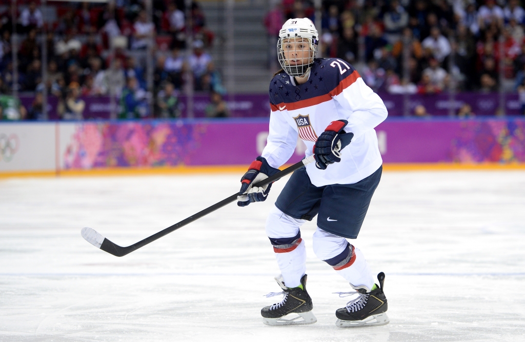 SOCHI RUSSIA- FEBRUARY 20 Hilary Knight #21 of the United States looks on during the Ice Hockey Women's Gold Medal Game against Canada on day 13 of the Sochi 2014 Winter Olympics at Bolshoy Ice Dome