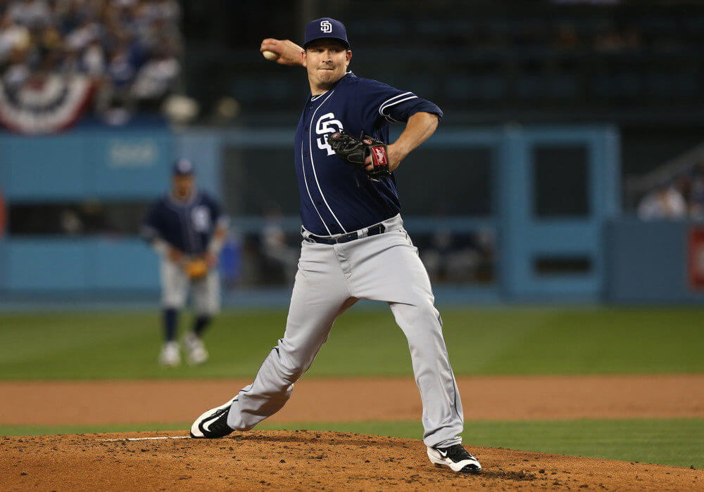 LOS ANGELES CA- APRIL 05 San Diego Padres Pitcher Trevor Cahill throws a pitch during the game against the Los Angeles Dodgers