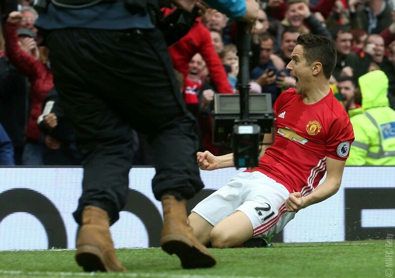 Ander Herrera celebrates after scoring the second goal for Manchester United