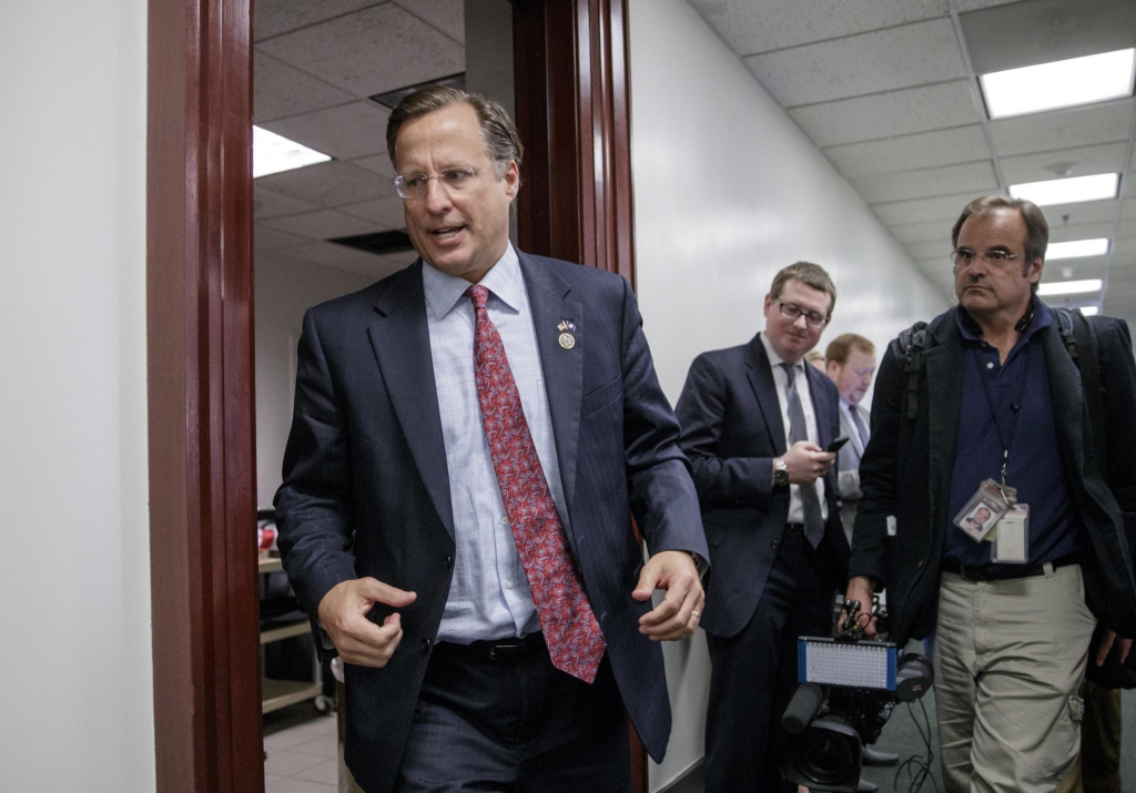 Rep. Dave Brat R-Va. a member of the House Freedom Caucus whose conservative GOP members derailed the Republican health care bill last week leaves a closed-door strategy session with Speaker of the House Paul Ryan R-Wis