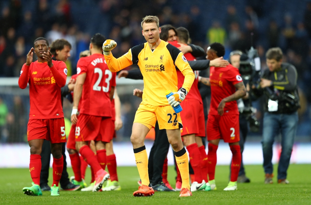 WEST BROMWICH ENGLAND- APRIL 16 Simon Mignolet of Liverpool celebrates after the Premier League match between West Bromwich Albion and Liverpool at The Hawthorns