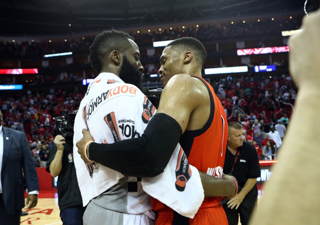 Mar 26 2017 Houston TX USA MVP candidates James Harden and Russell Westbrook shake hands after a game at Toyota Center. Mandatory Credit Troy Taormina-USA TODAY Sports