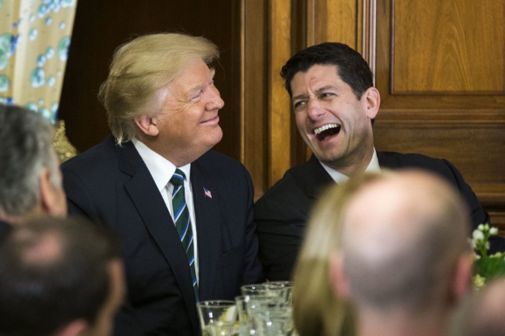 President Donald Trump and House Speaker Paul Ryan share a laugh during the annual Friends of Ireland luncheon at the U.S. Capitol on March 16. The relationship isn't always so congenial writes Paul Frazer.'President Trump a wild card