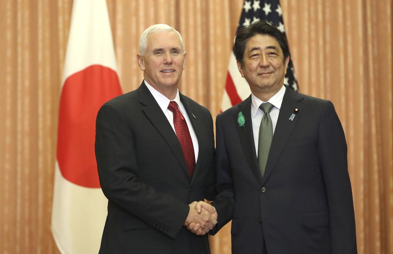 Shinzo Abe and Mike Pence meet in Tokyo Japan on April 18