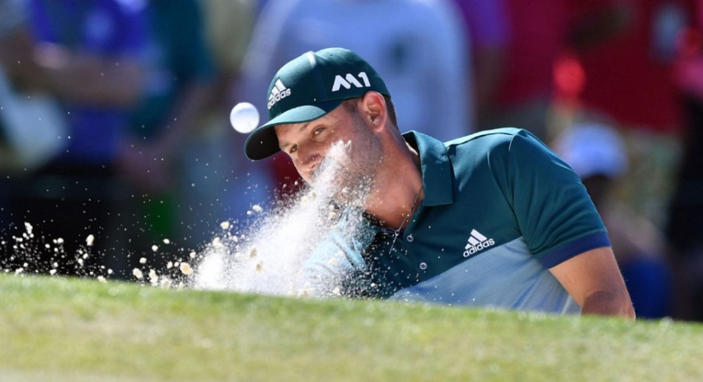 Sergio Garcia blasts out of a bunker in Sunday's final round of the Masters which he won in a playoff