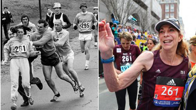 Kathrine Switzer left being attacked at Boston Marathon in 1967. She ran it again Monday at age 70