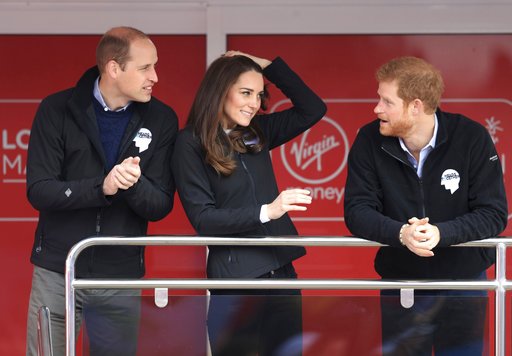 Britain's Prince William left Kate the Duchess of Cambridge and Prince Harry right at the start line of the London Marathon in London Sunday