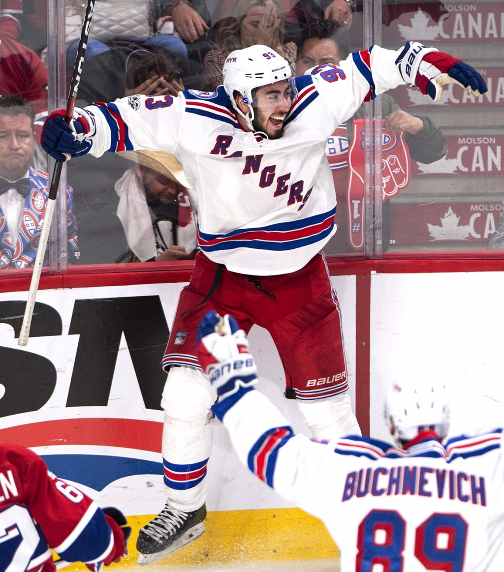 Mika Zibanejad celebrates after scoring the game-winner against the Canadiens in Game