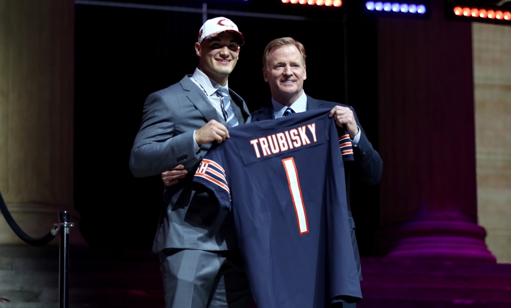 Mitchell Trubisky right poses with commissioner Roger Goodell after the Bears selected him No. 2 overall