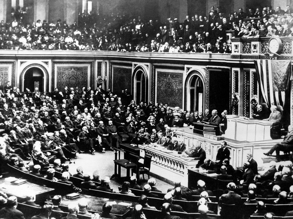 President Woodrow Wilson delivers a speech to a joint session of Congress in Washington