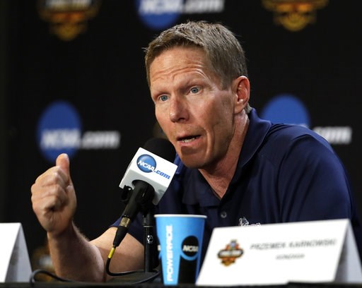 Gonzaga head coach Mark Few speaks during a news conference for the Final Four NCAA college basketball tournament Sunday