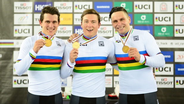 Southland's Eddie Dawkins right with New Zealand team mates Ethan Mitchell and Sam Webster after winning the men's