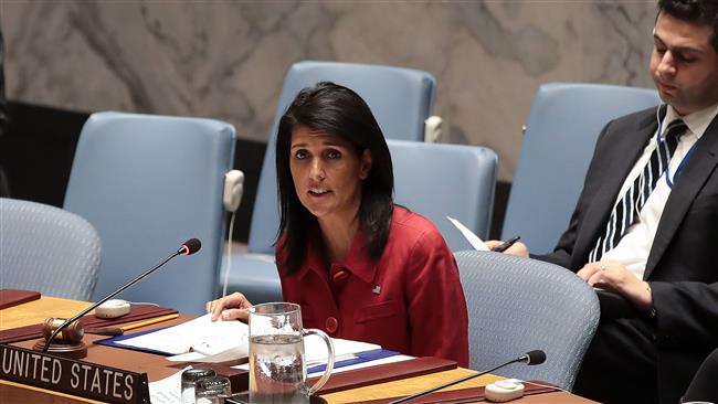 US Ambassador to the United Nations Nikki Haley delivers remarks during a meeting of the UN Security Council concerning the situation in Syria at UN headquarters