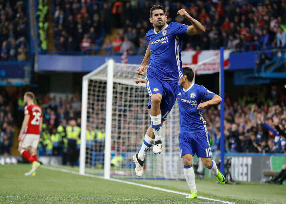 Chelsea's Diego Costa celebrates scoring a goal during the English Premier League soccer match between Chelsea and Middlesbrough at Stamford Bridge stadium in London Monday